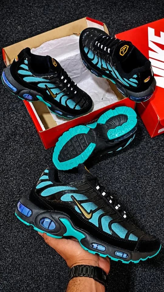 O Nike Air Max TN preto e verde-água na mão, sobre a caixa